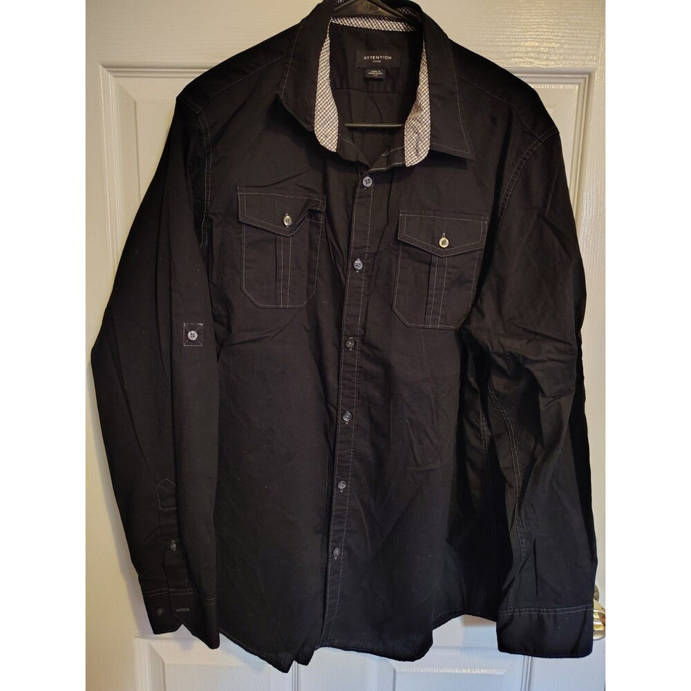 Attention Men's Black Solid Button-Up Shirt Point Collar Long Sleeve Pockets L